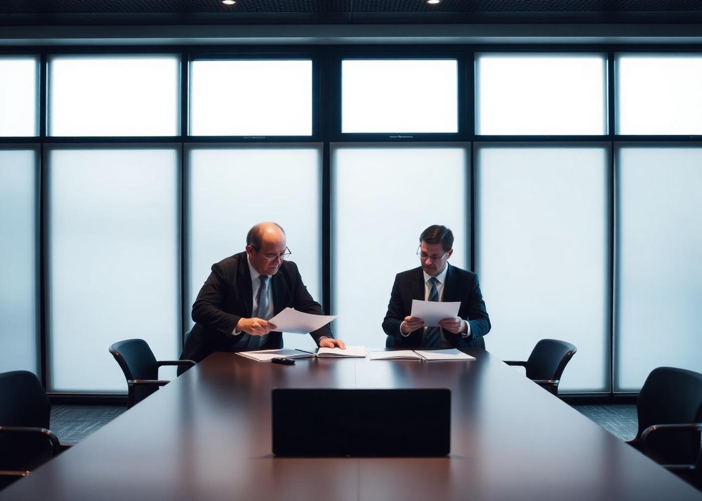 Executives reviewing investment documents in a boardroom